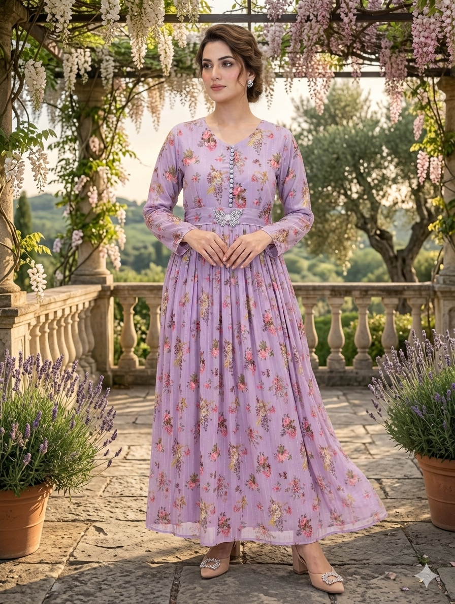 Lf050- Trending Printed Sheesha Silk Maxi With Trouser And Sheesha Silk Dupatta