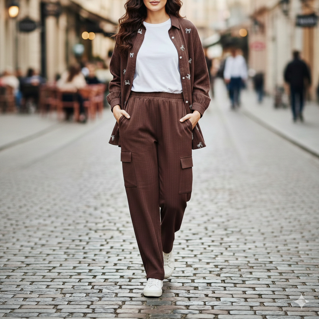 Cs023- 3pc Crush Button Down Shirt With Inner And Cargo Trouser