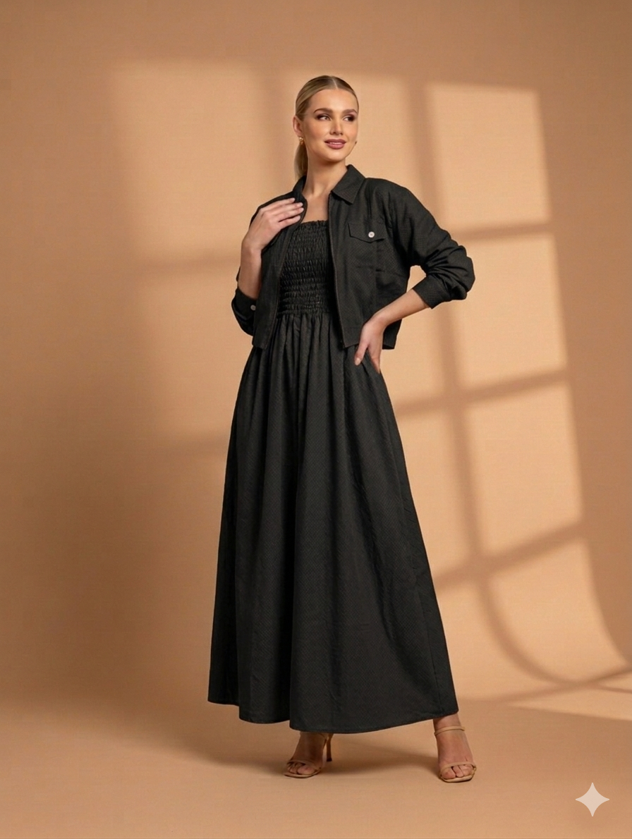 Cs014- 2pc Cotton Romper Maxi With Zipper Jacket