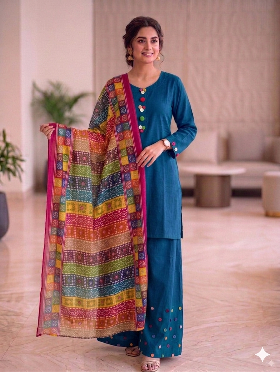 Sw001- Cotton Farshi Shalwar With Shirt And Chunri Multi Dupatta