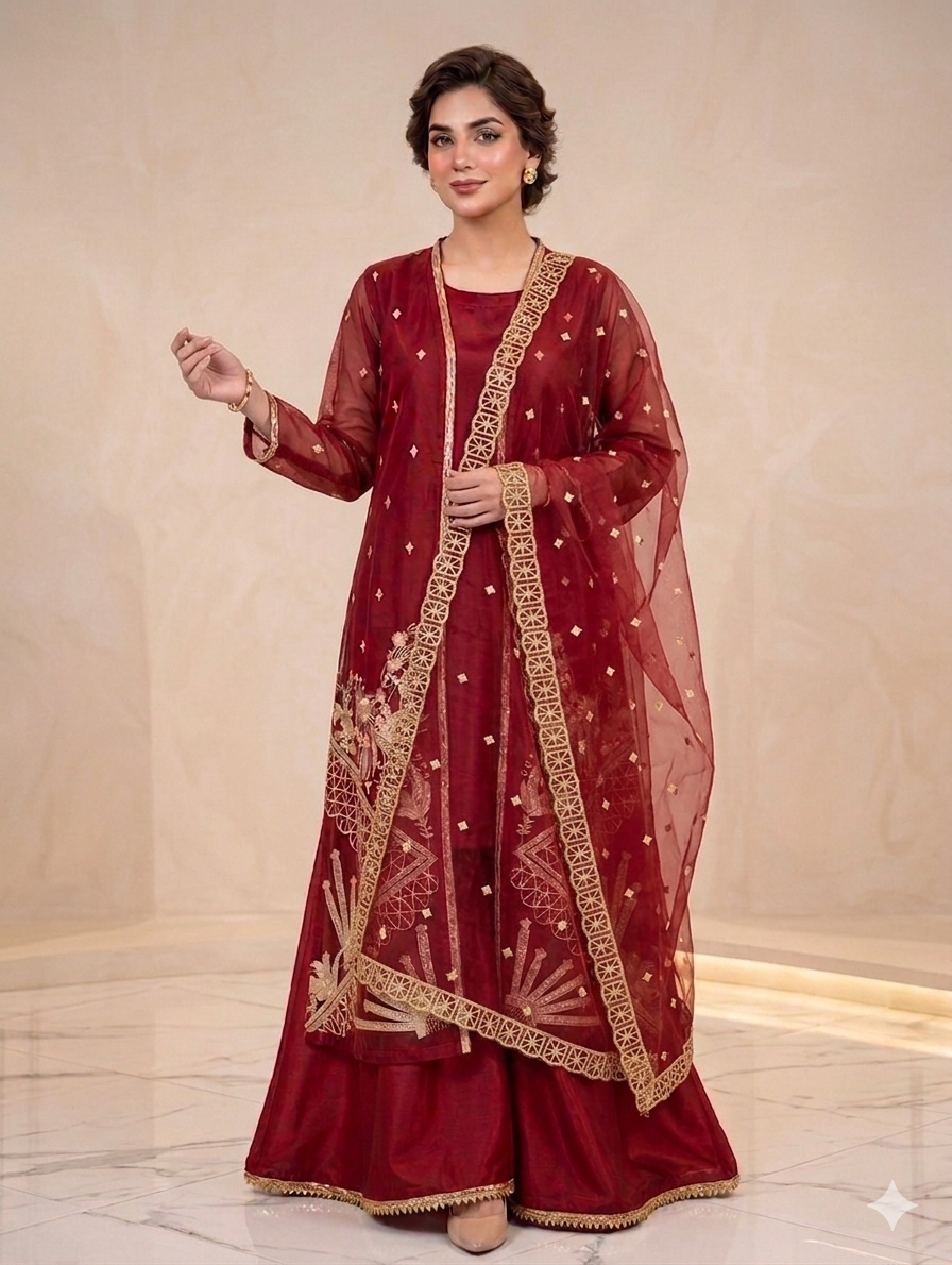 Lf096- 4pc Organza Embroidered Gown Style With Silk Inner, Trouser And Organza Embroidered Dupatta