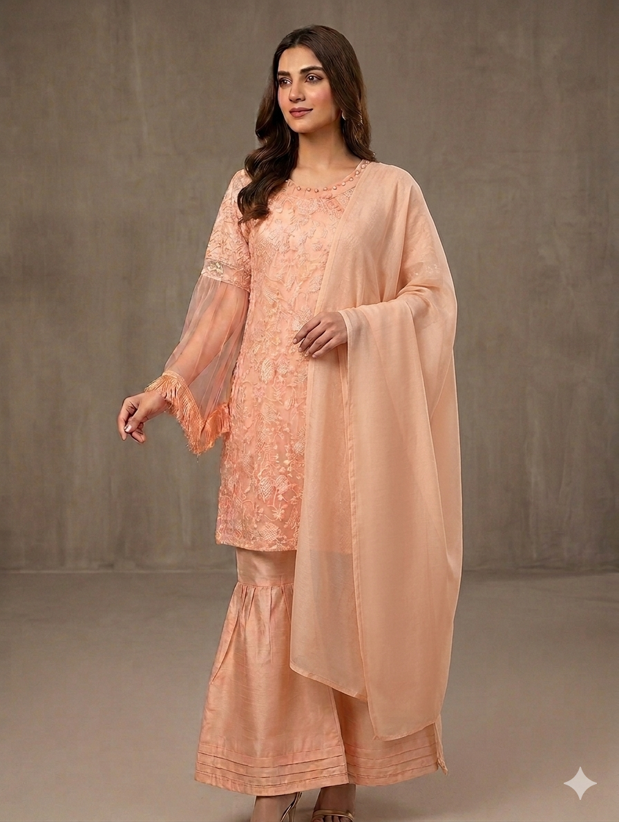 Lf079- 3pc Embroidered Net Andrakha Frock With Flapper And Shafoon Dupatta