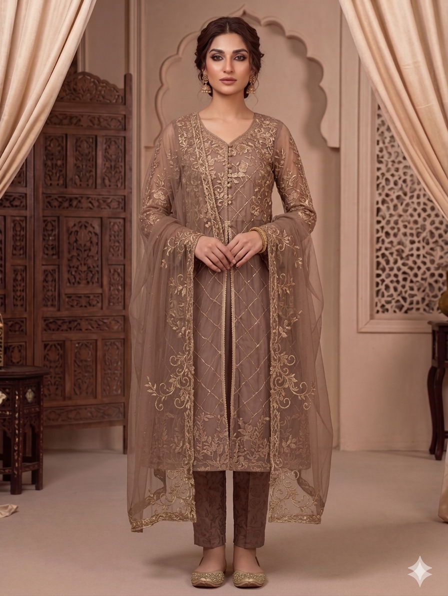 Lf041- 3pc Fancy Gown Style Maxi With Inner Frock, Trouser And Dupatta