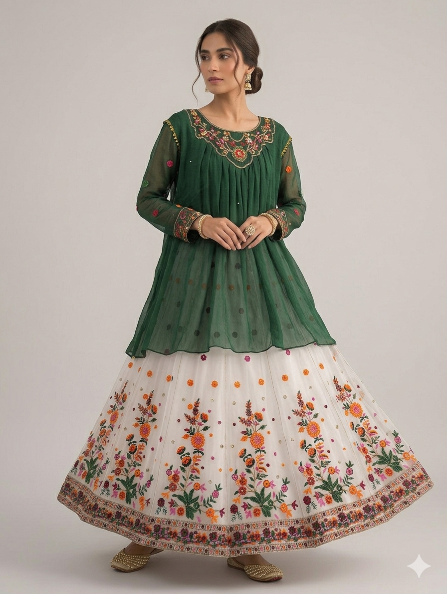 Lf082- 3pc Embroidered Organza Lehnga With Shafoon Short Frock And Organza Embroidered Dupatta