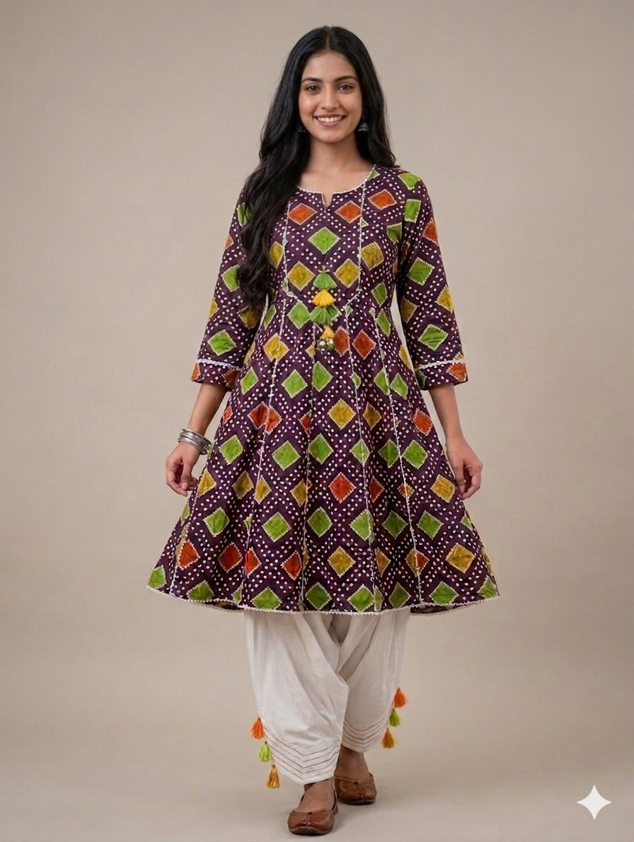 Sw005- Chunri Printed Frock With Farshi Shalwar And Shafoon Dupatta