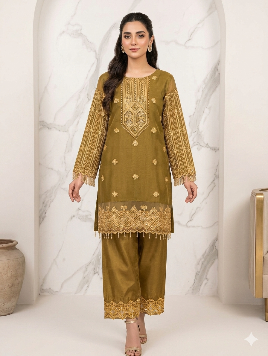 Lf037- 3pc Organza Sequence Embroidered Shirt With Trouser And Net Dupatta
