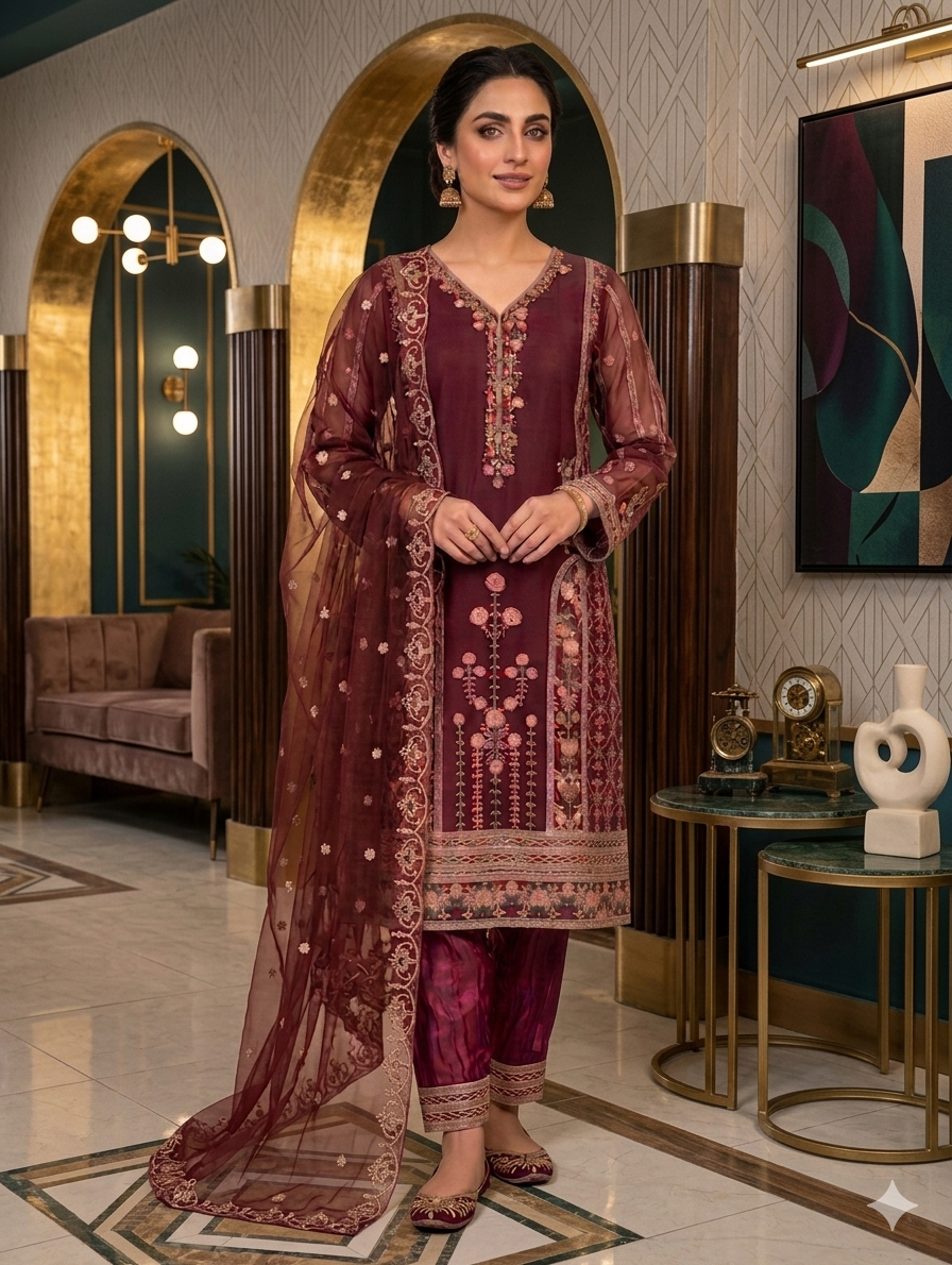 Lf029-3pc Organza Working Shirt With Trouser And Working Dupatta