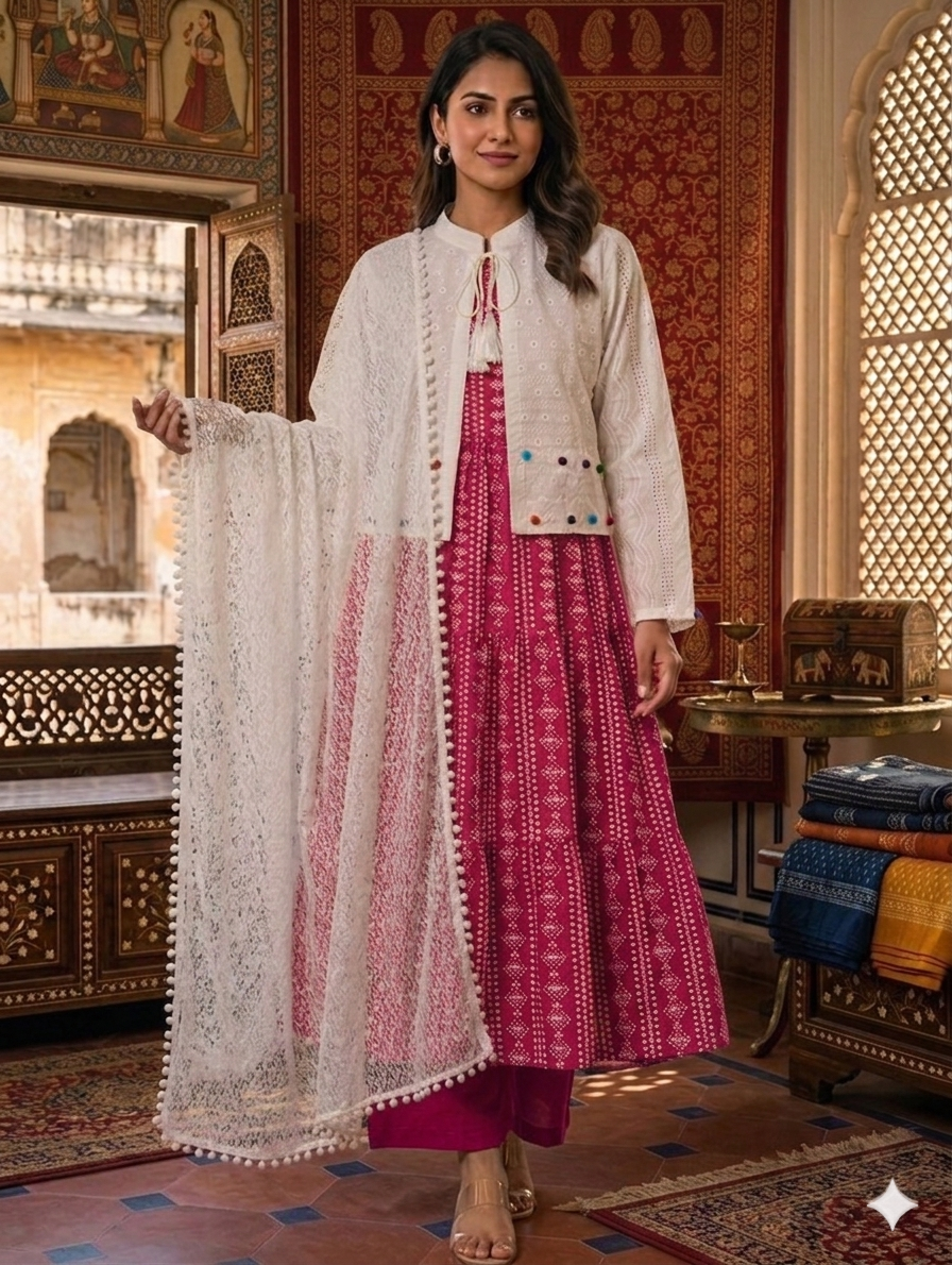 Sw002- 3pc Lawn Chunri Maxi With Chicken Koti, Trouser And ChickenNet Dupatta