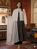Sw002- 3pc Lawn Chunri Maxi With Chicken Koti, Trouser And ChickenNet Dupatta