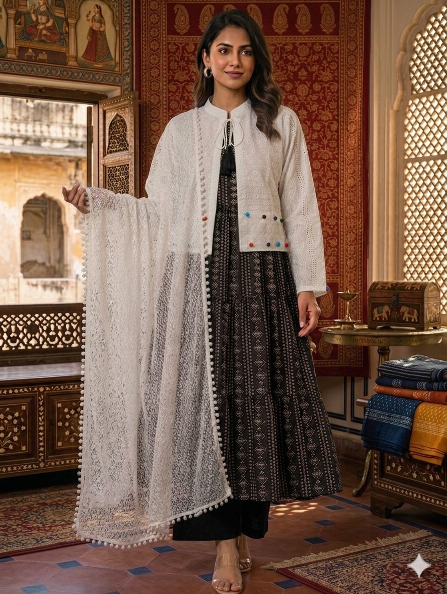 Sw002- 3pc Lawn Chunri Maxi With Chicken Koti, Trouser And ChickenNet Dupatta
