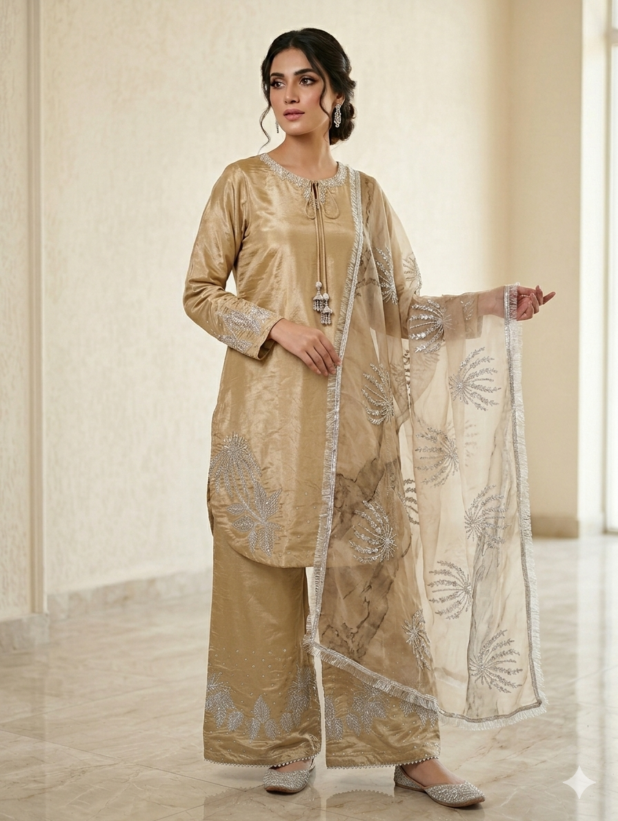 Lf032- 3pc Sheesha Silk HandMade Shirt With Straight Trouser And HandMade Dupatta
