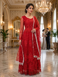 Lf060- 3pc Fancy Embroidered Beet Work Maxi With Net Dupatta And Silk Trouser