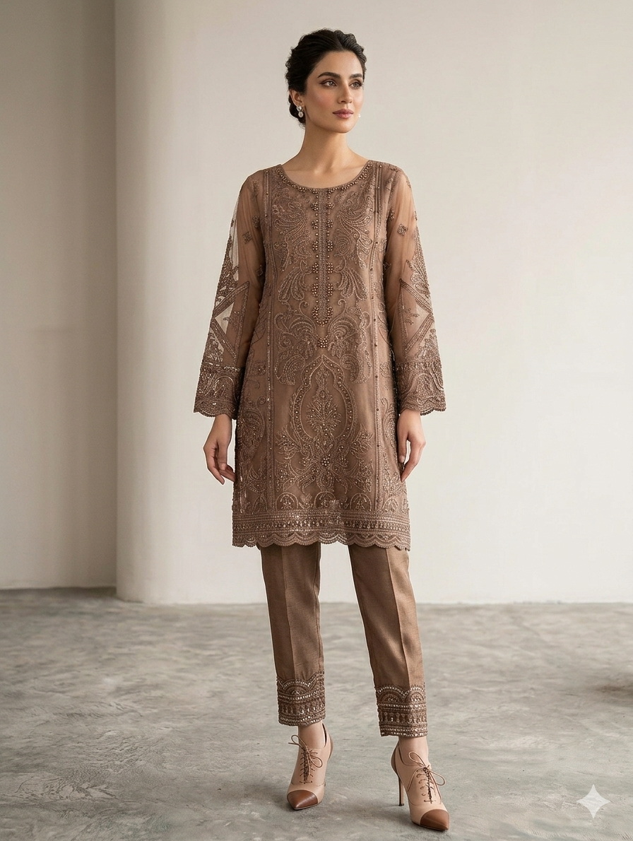 Lf035- 3pc Embroidered Net Shirt With Trouser And Net Embroidered Dupatta