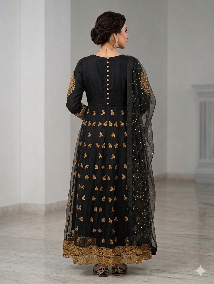 Lf091- 3pc Shafoon Embroidered Andrakha Maxi With Trouser And Dupatta