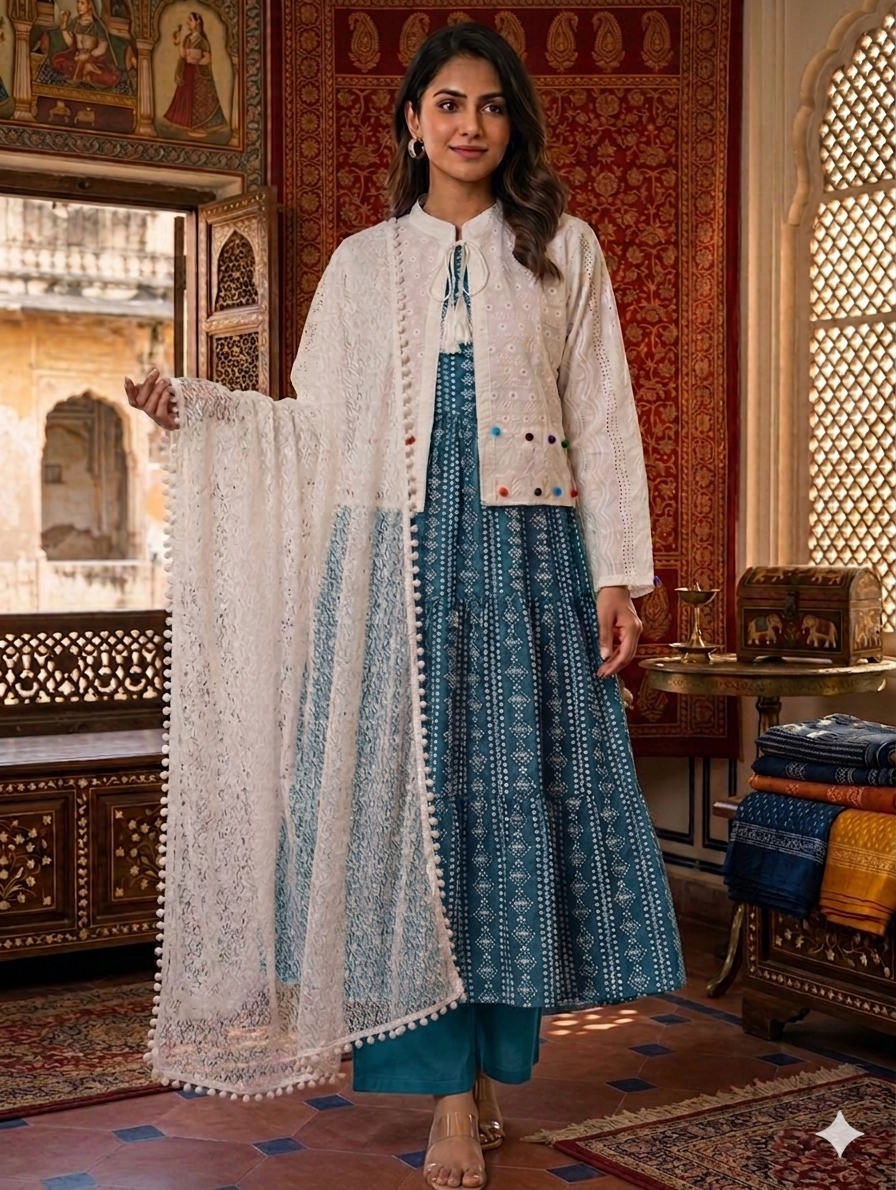 Sw002- 3pc Lawn Chunri Maxi With Chicken Koti, Trouser And ChickenNet Dupatta