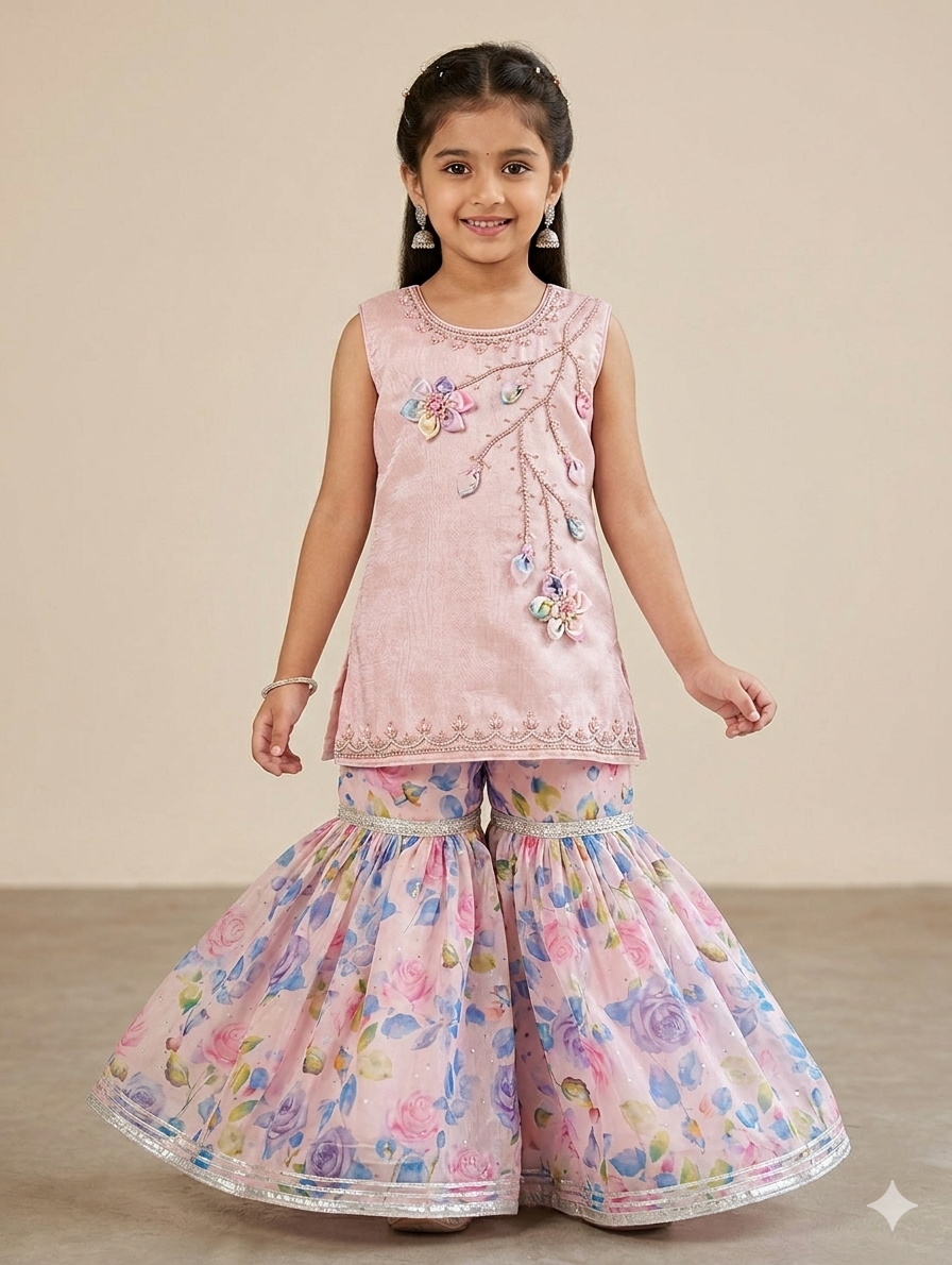 Ff024-Handmade Shirt With Multi Printed Sheesha Silk Sharara
