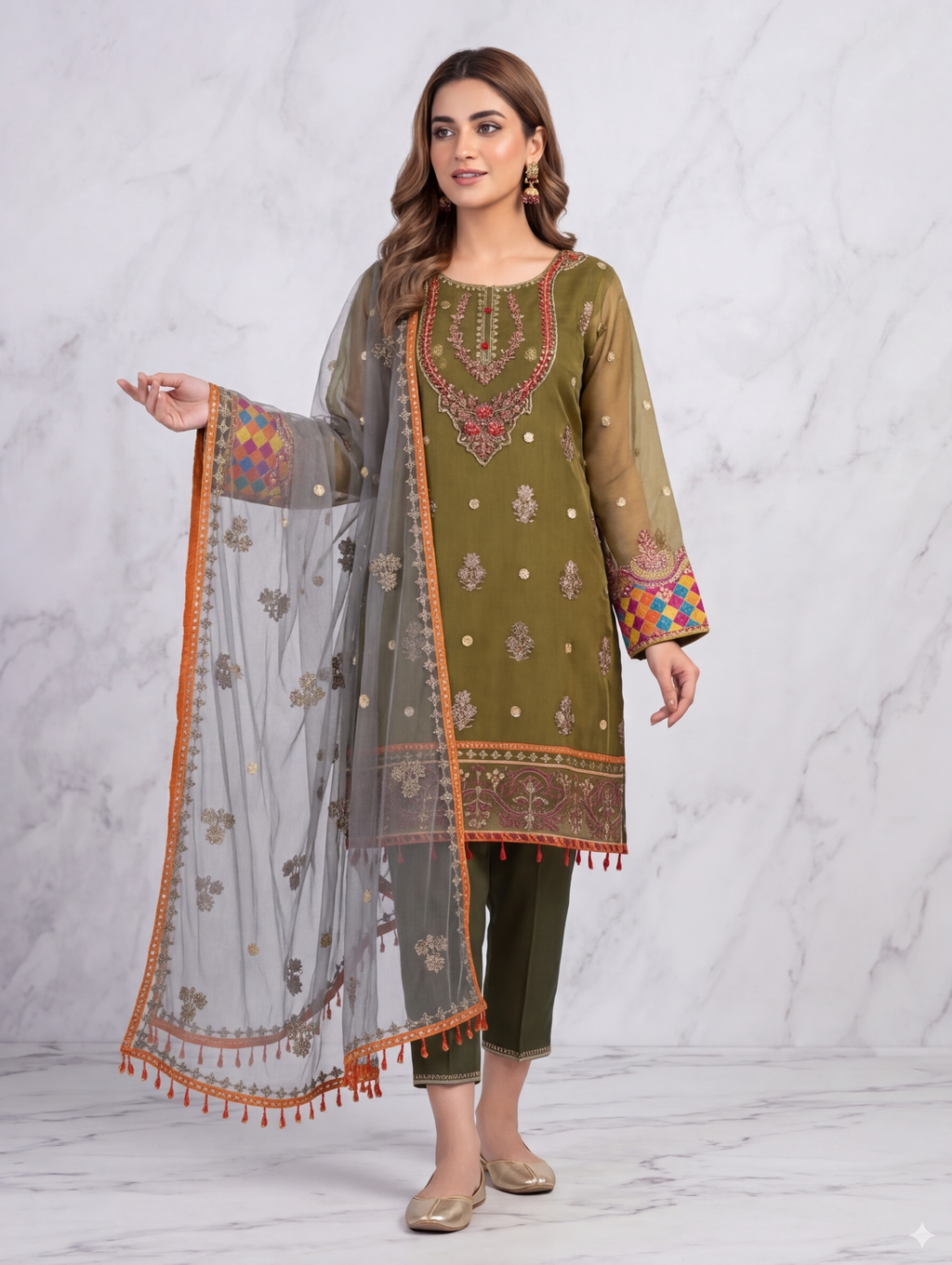 Lf043- 3pc Organza Working Dupatta With Trouser And Contrast Net Embroidered Dupatta