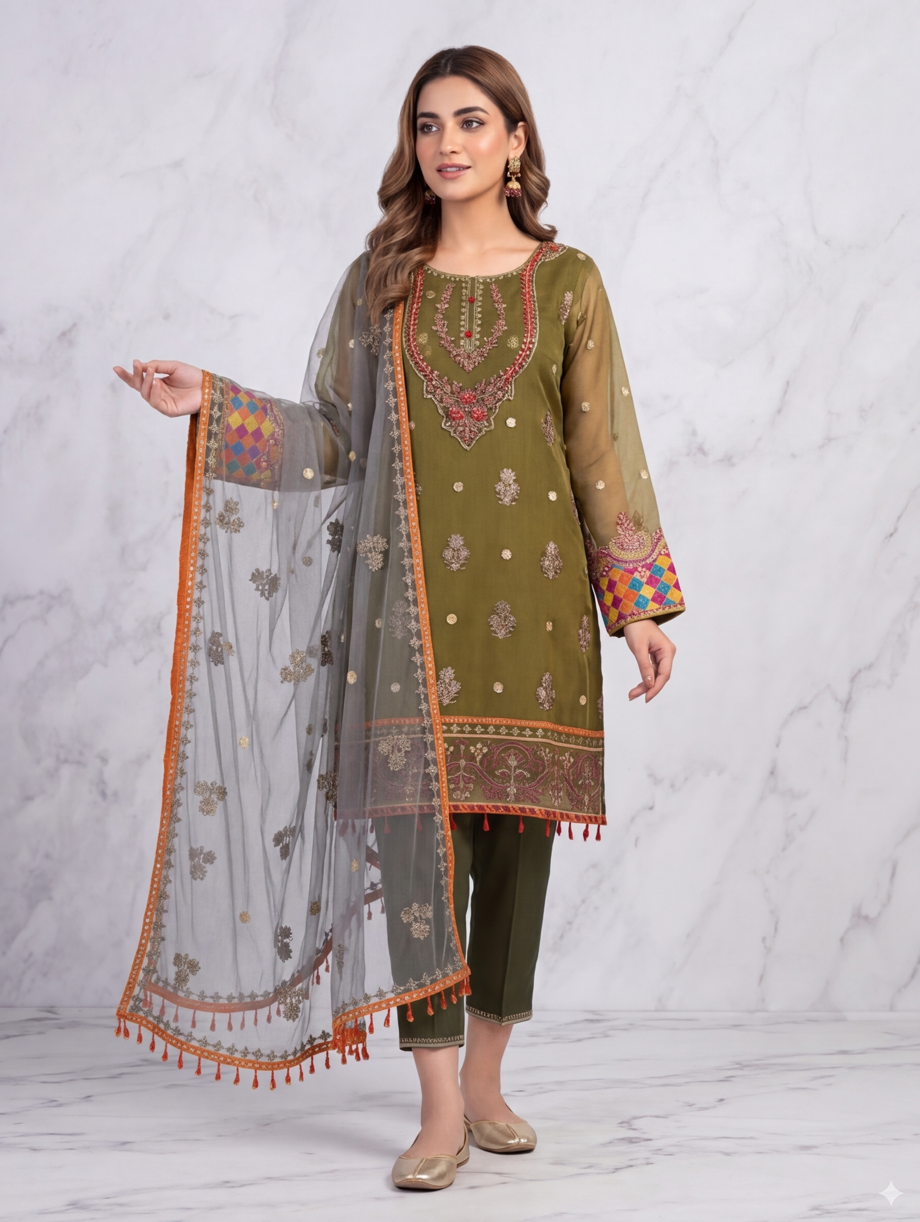 Lf043- 3pc Organza Working Dupatta With Trouser And Contrast Net Embroidered Dupatta