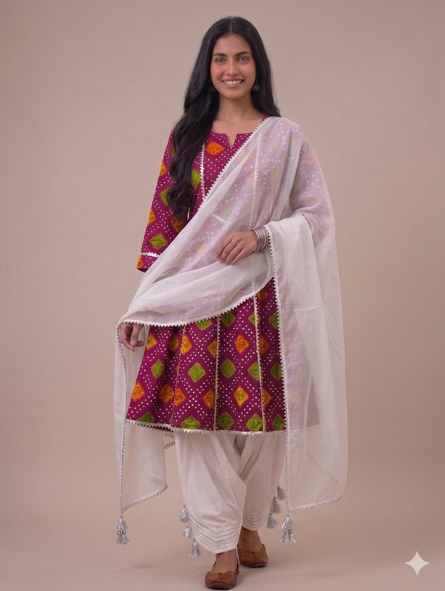 Sw005- Chunri Printed Frock With Farshi Shalwar And Shafoon Dupatta