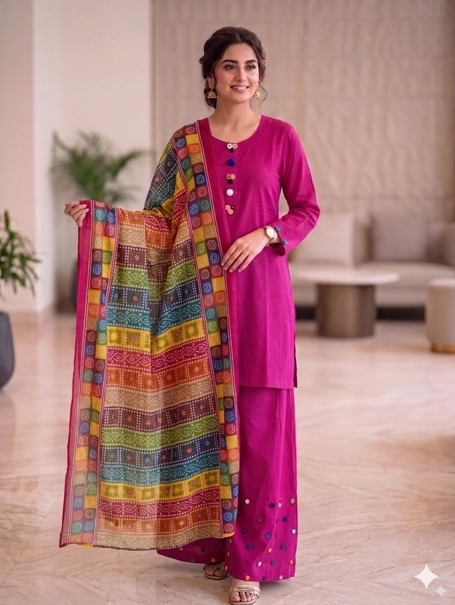 Sw001- Cotton Farshi Shalwar With Shirt And Chunri Multi Dupatta