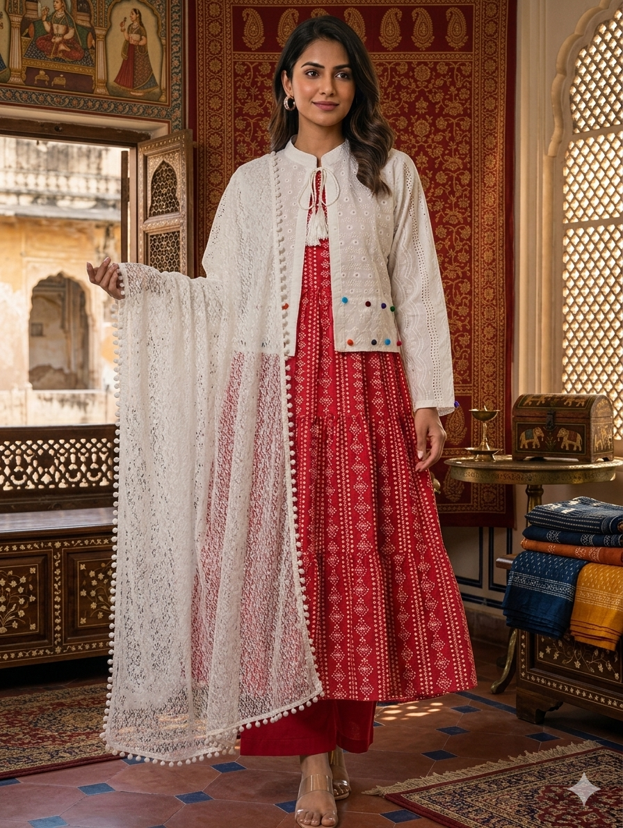 Sw002- 3pc Lawn Chunri Maxi With Chicken Koti, Trouser And ChickenNet Dupatta