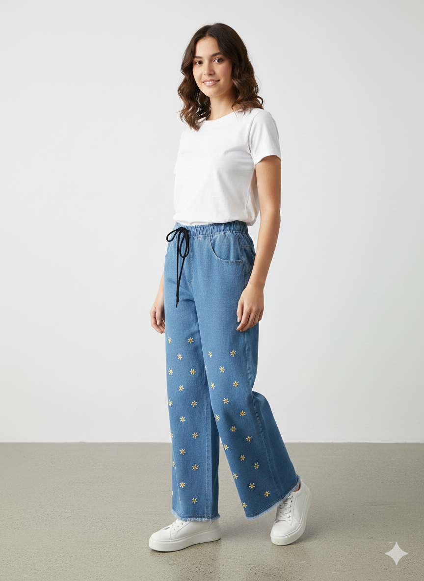 J022- Embroidered Sunflower Baggy Jeans