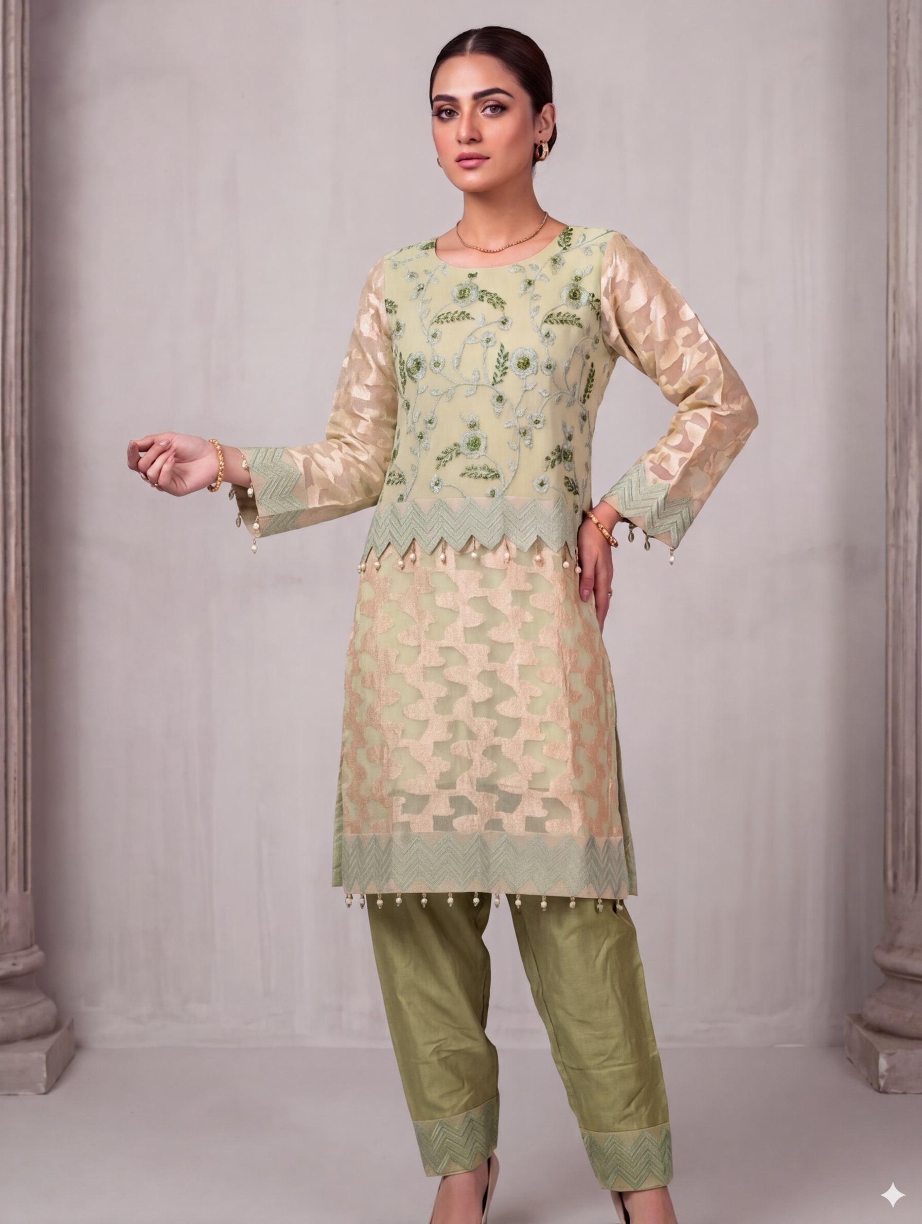 Lf044- 3pc Broche Fancy Shirt With Trouser And Organza Dupatta