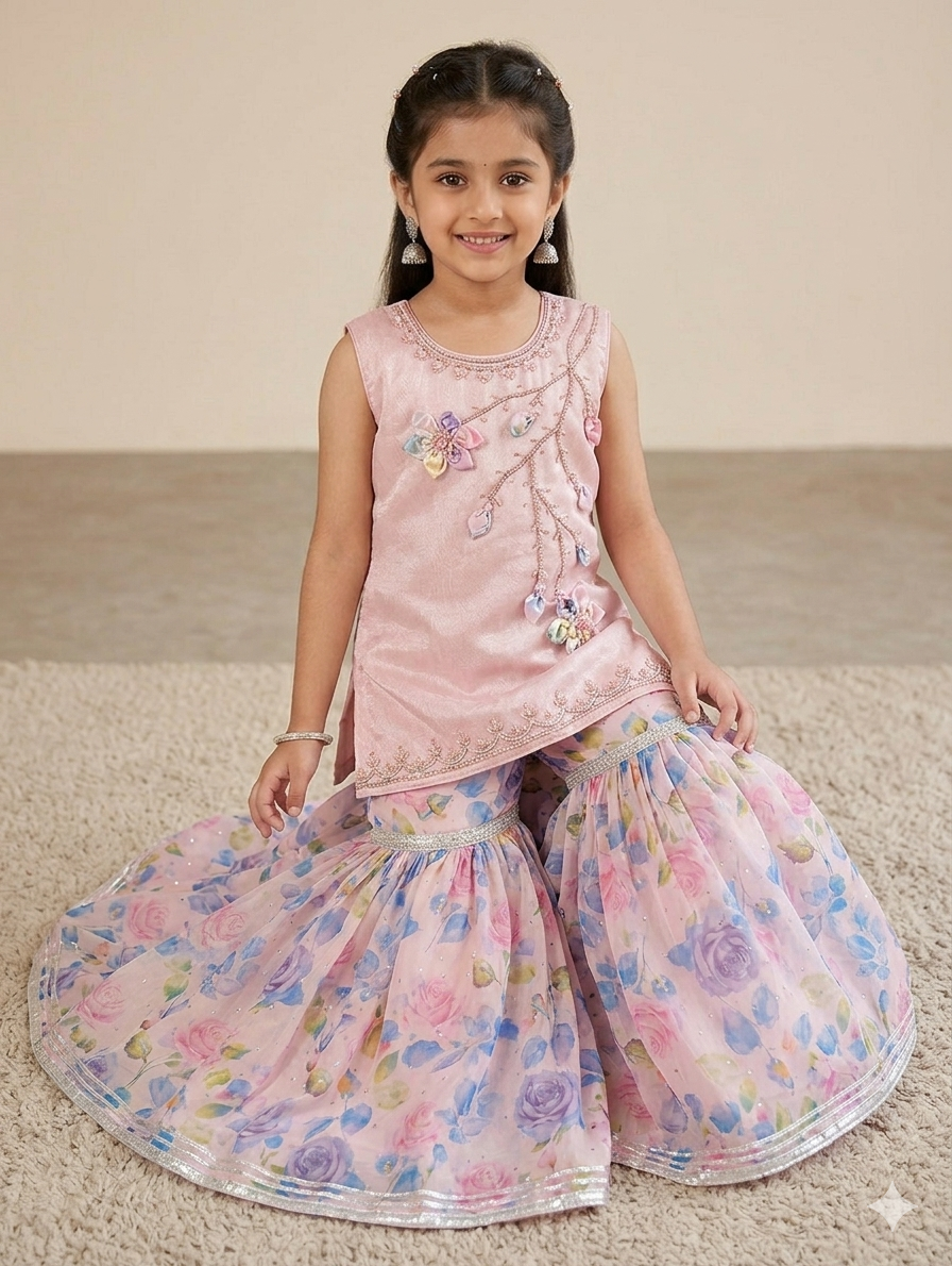 Ff024-Handmade Shirt With Multi Printed Sheesha Silk Sharara