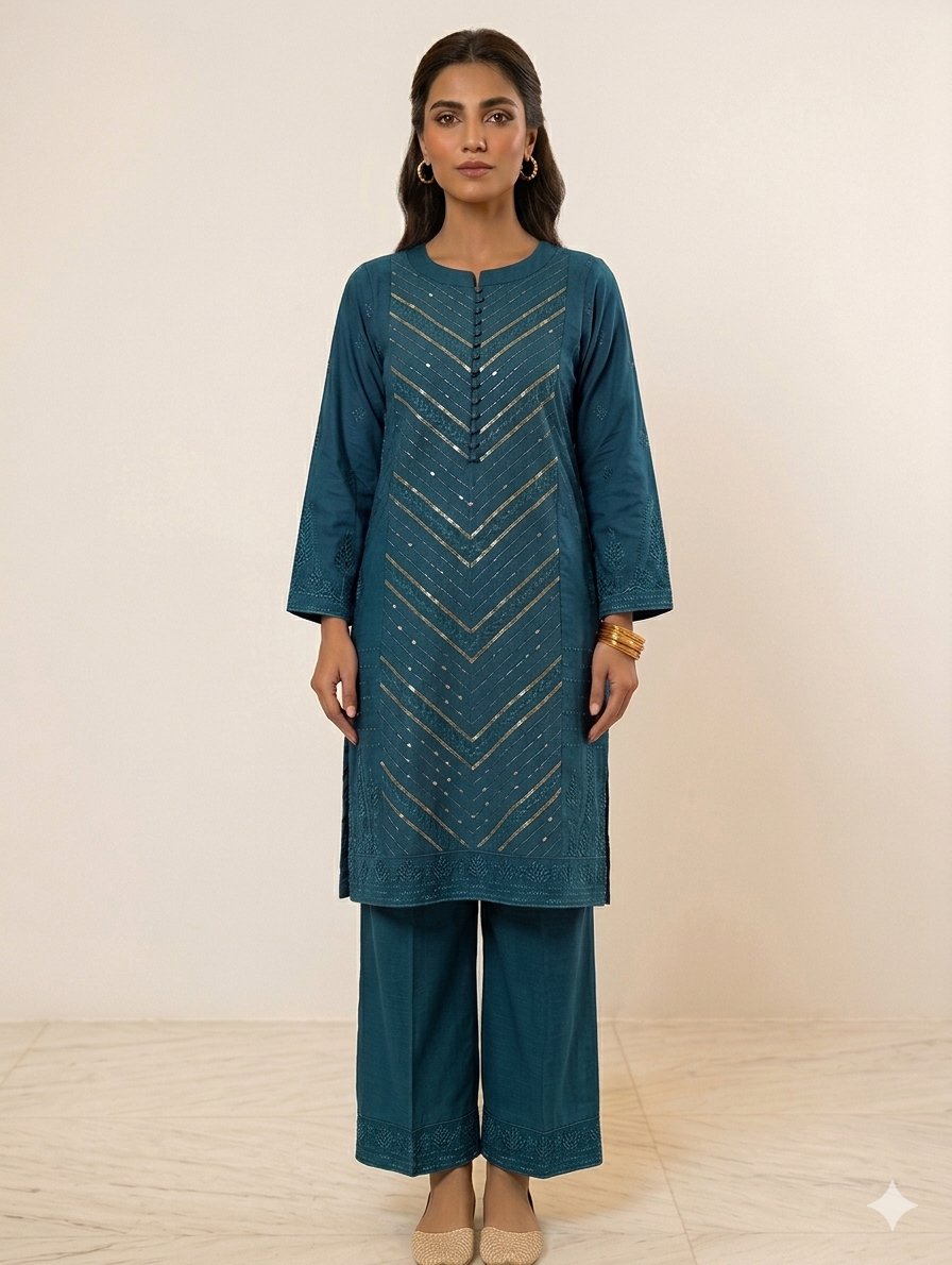 S001- 2pc Slub Sequence Work Shirt With Trouser