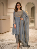 Lf080- 3pc Shafoon Embroidered Frock With Embroidered Trouser And Shafoon Dupatta
