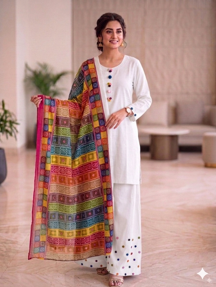 Sw001- Cotton Farshi Shalwar With Shirt And Chunri Multi Dupatta