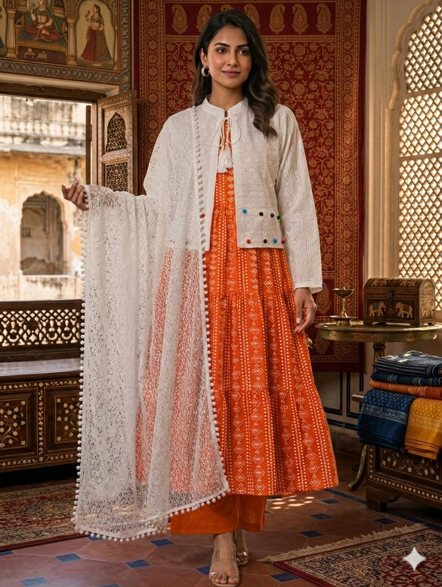 Sw002- 3pc Lawn Chunri Maxi With Chicken Koti, Trouser And ChickenNet Dupatta