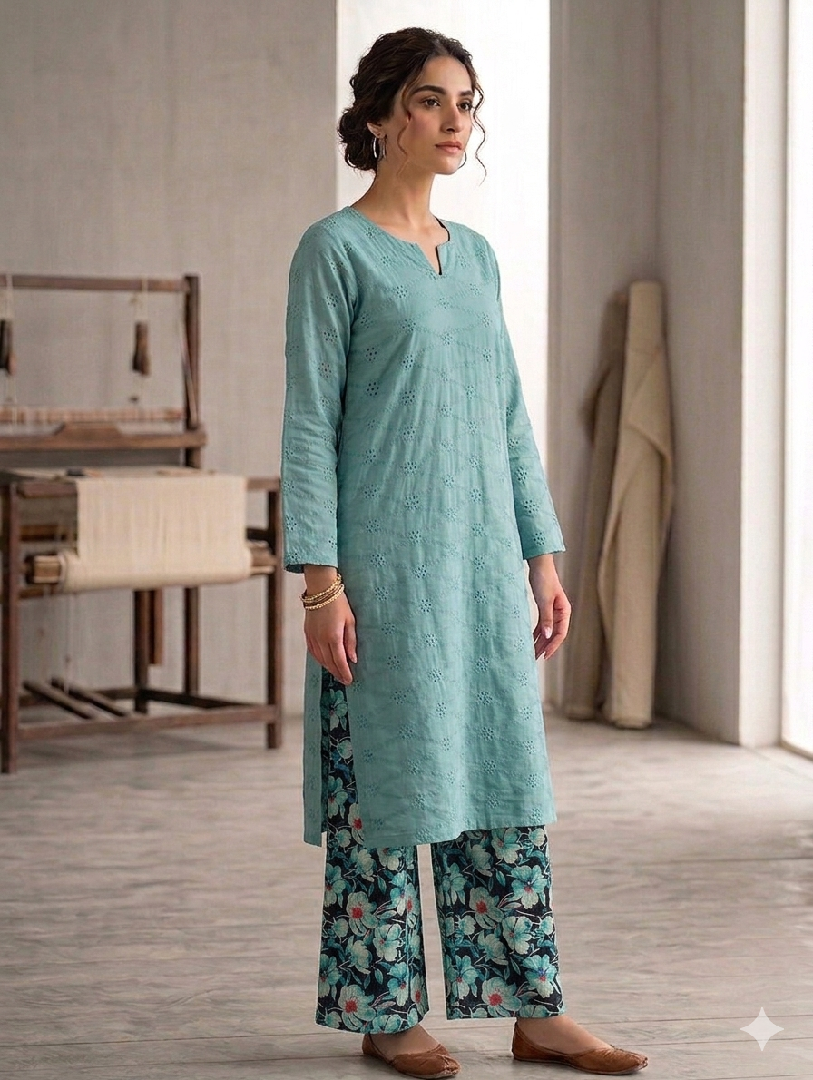 Sw006- Chickenkari Long Shirt With Printed Straight Trouser