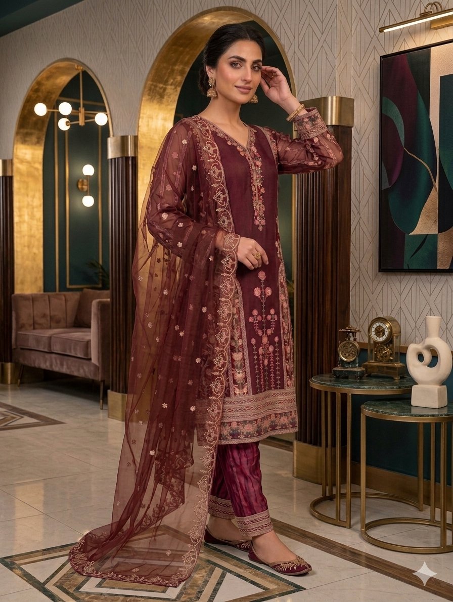 Lf029-3pc Organza Working Shirt With Trouser And Working Dupatta