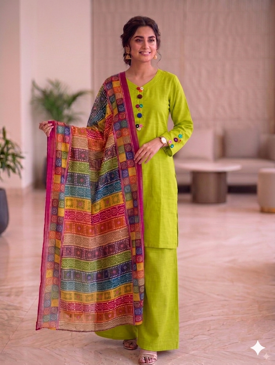 Sw001- Cotton Farshi Shalwar With Shirt And Chunri Multi Dupatta
