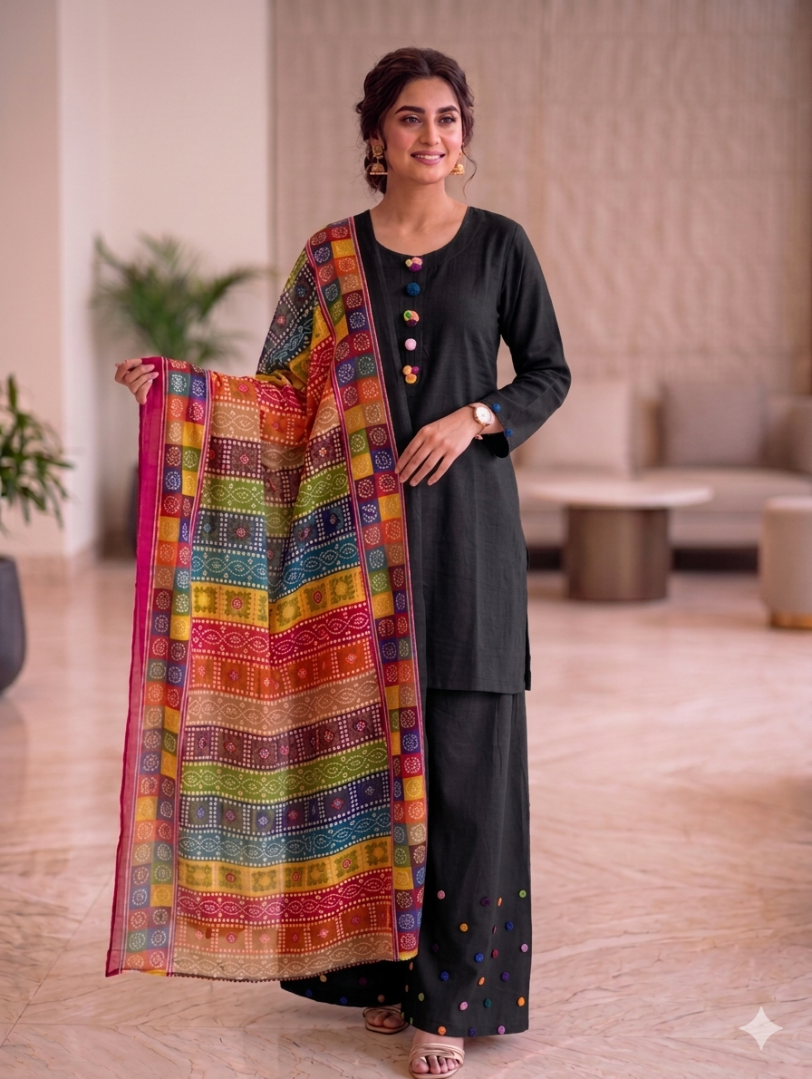 Sw001- Cotton Farshi Shalwar With Shirt And Chunri Multi Dupatta