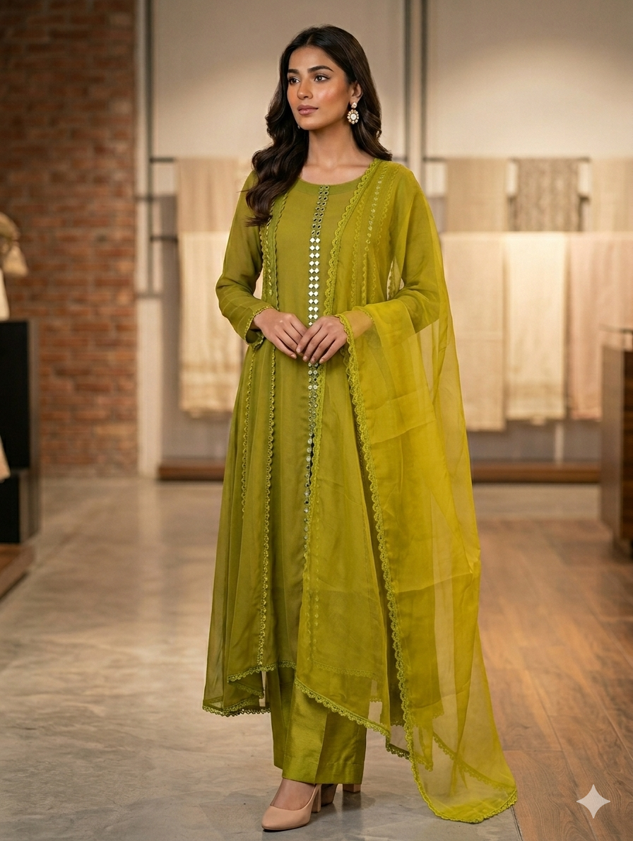 Lf088- 3pc Shafoon Mirror Work Frock With Trouser And Shafoon Dupatta