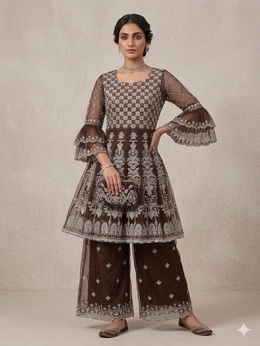 Lf087- 2pc Stonework Embroidered Frock With Net Trouser