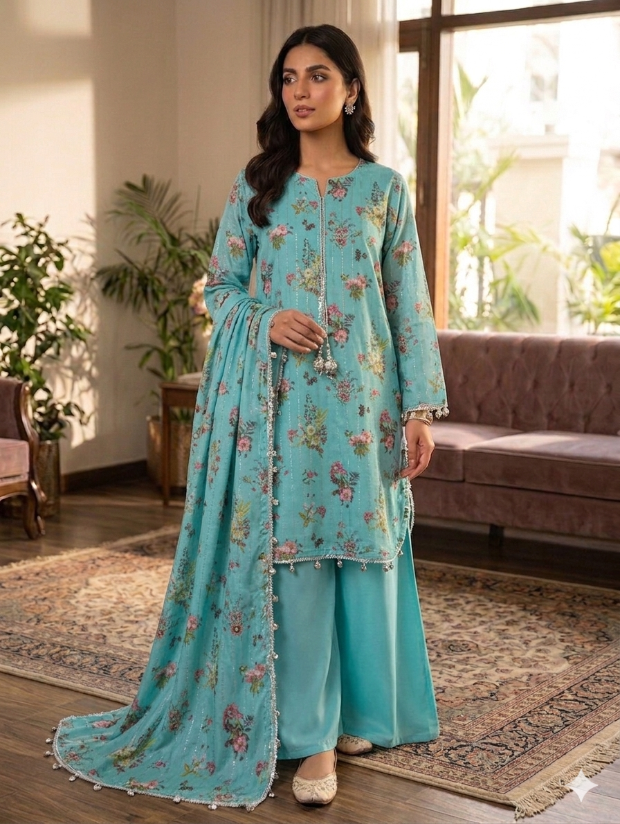 Lf028- Printed Sheesha Silk Shirt With Flapper And Printed Sheesha Silk Dupatta