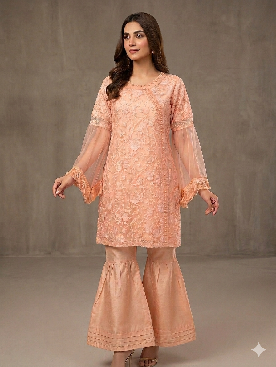 Lf079- 3pc Embroidered Net Andrakha Frock With Flapper And Shafoon Dupatta