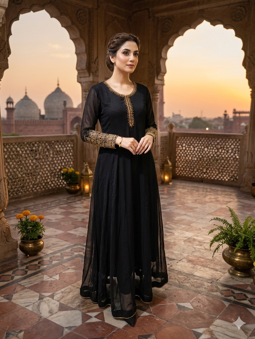 Lf093- 3pc Shafoon Maxi With Trouser And Organza Embroidered Dupatta