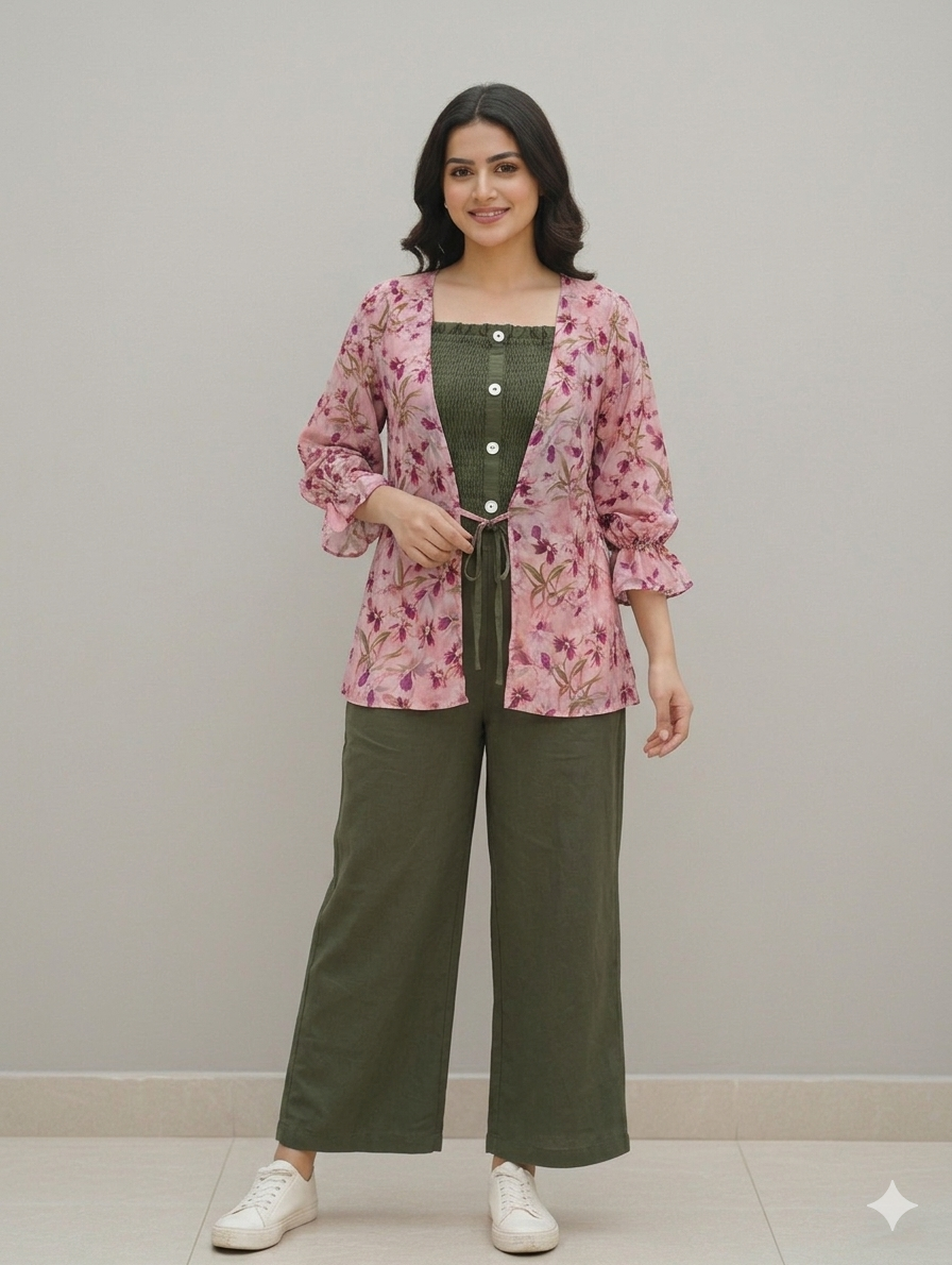 Cs046-3pc Gown Style With Smokey Inner And Trouser