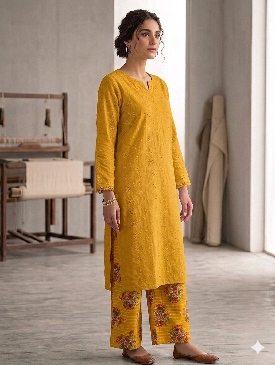 Sw006- Chickenkari Long Shirt With Printed Straight Trouser