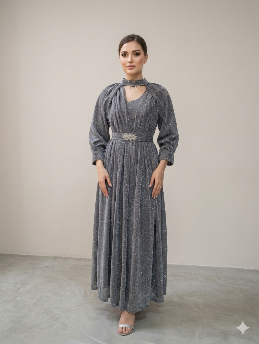 Lf047- 3pc Moonlight Maxi With Separate Sleeves Neckline, Motif Belt And Dupatta