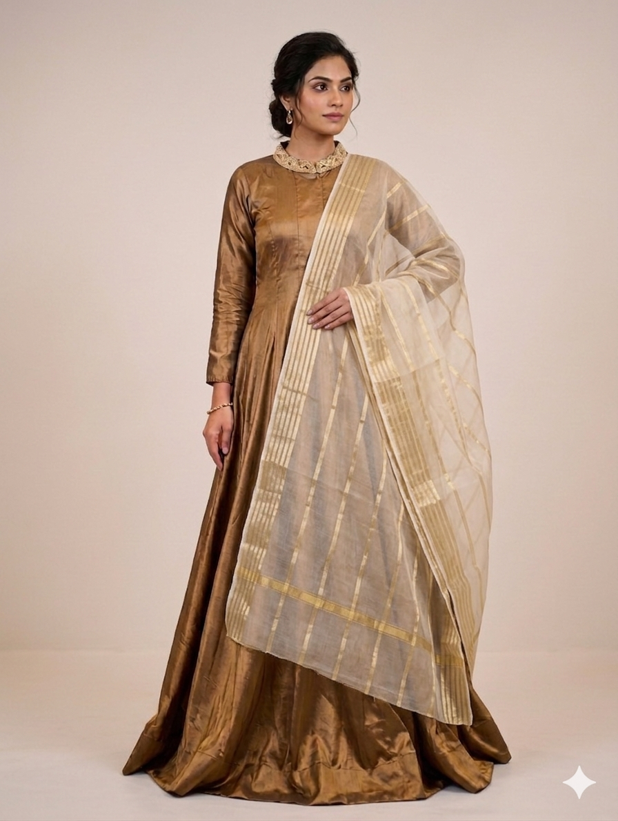 Lf095- 3pc Double-Tone Maxi With Trouser And Organza Dupatta