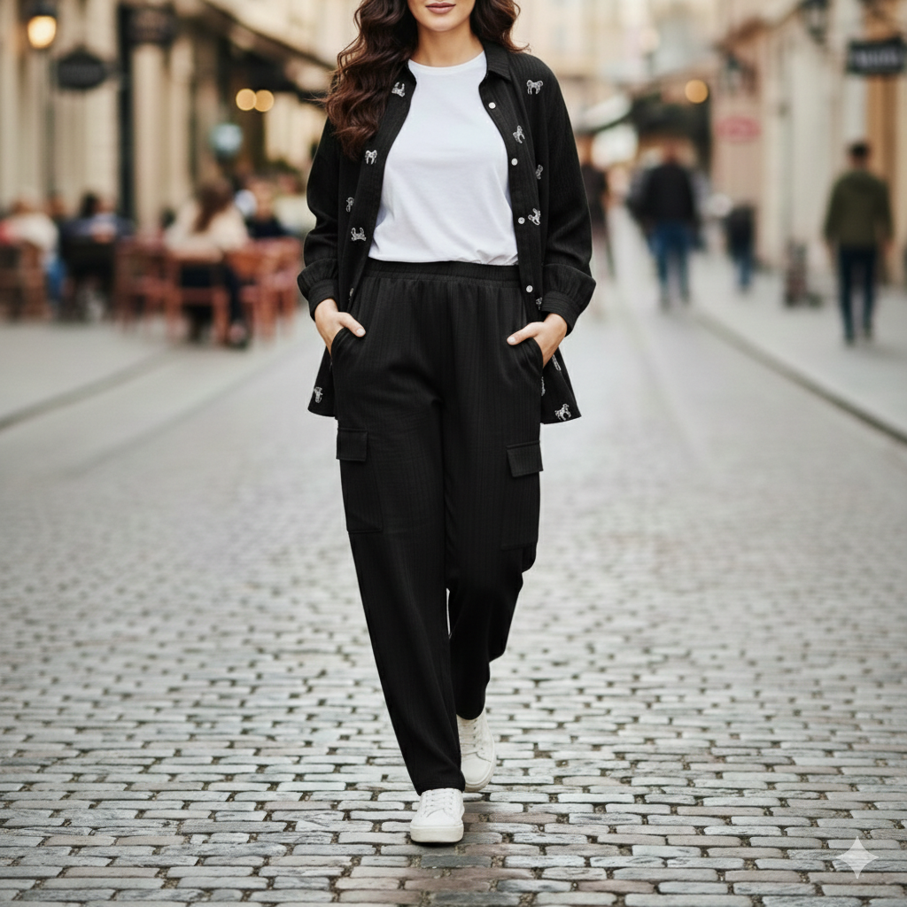 Cs023- 3pc Crush Button Down Shirt With Inner And Cargo Trouser