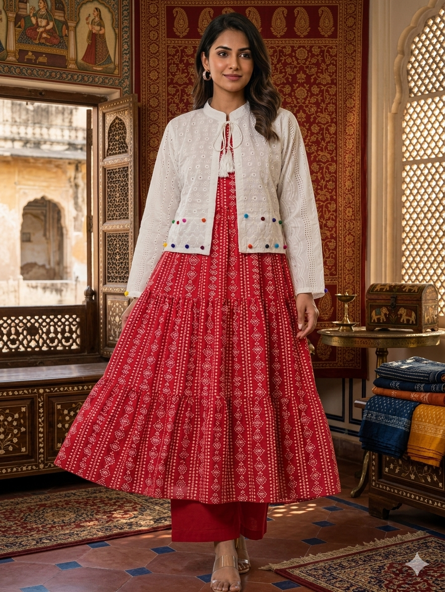 Sw002- 3pc Lawn Chunri Maxi With Chicken Koti, Trouser And ChickenNet Dupatta