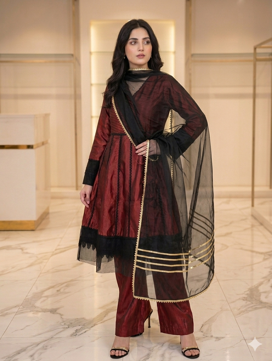 Lf089- 3pc Double Tone Frock With Trouser And Organza Dupatta
