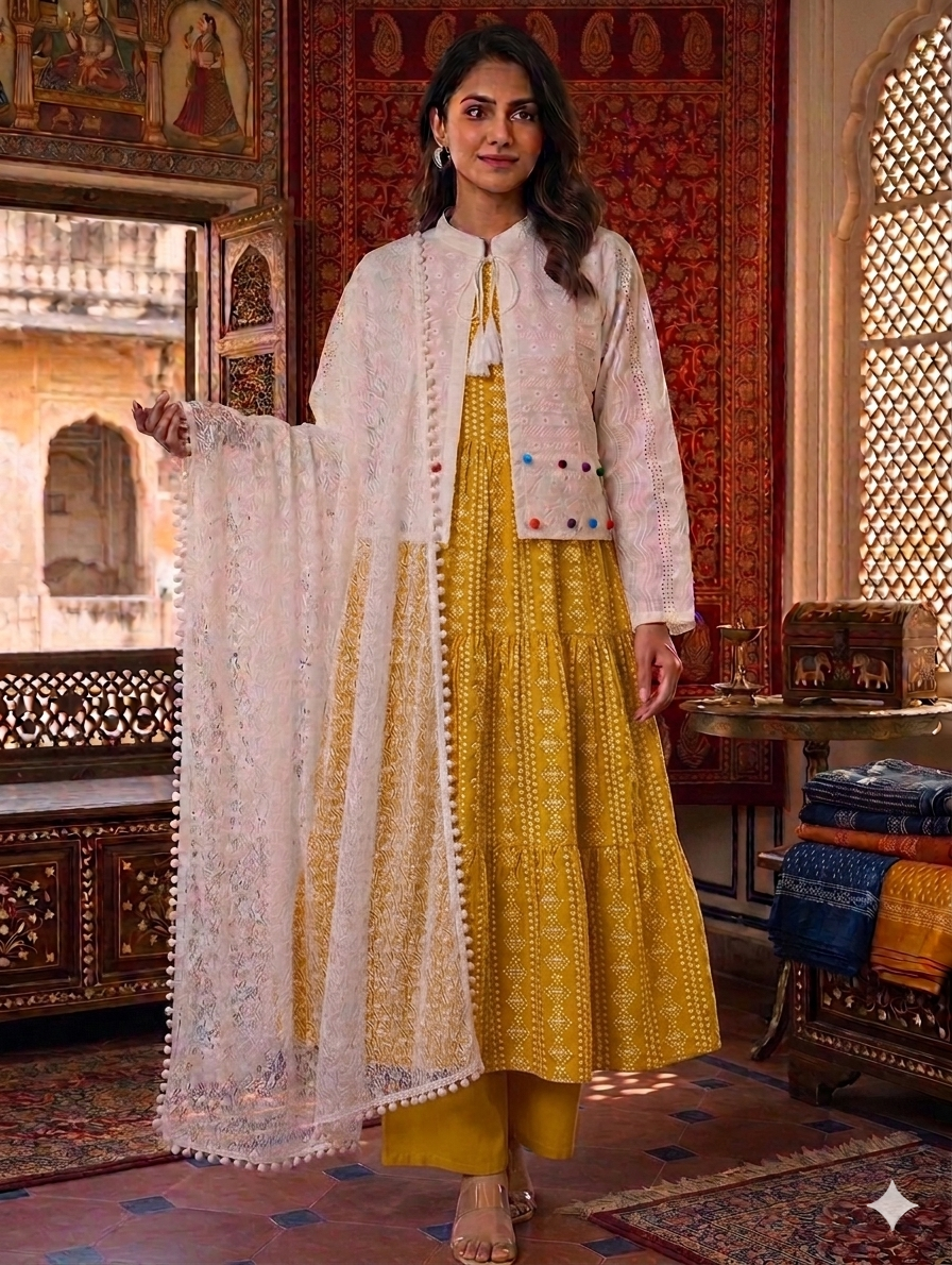 Sw002- 3pc Lawn Chunri Maxi With Chicken Koti, Trouser And ChickenNet Dupatta