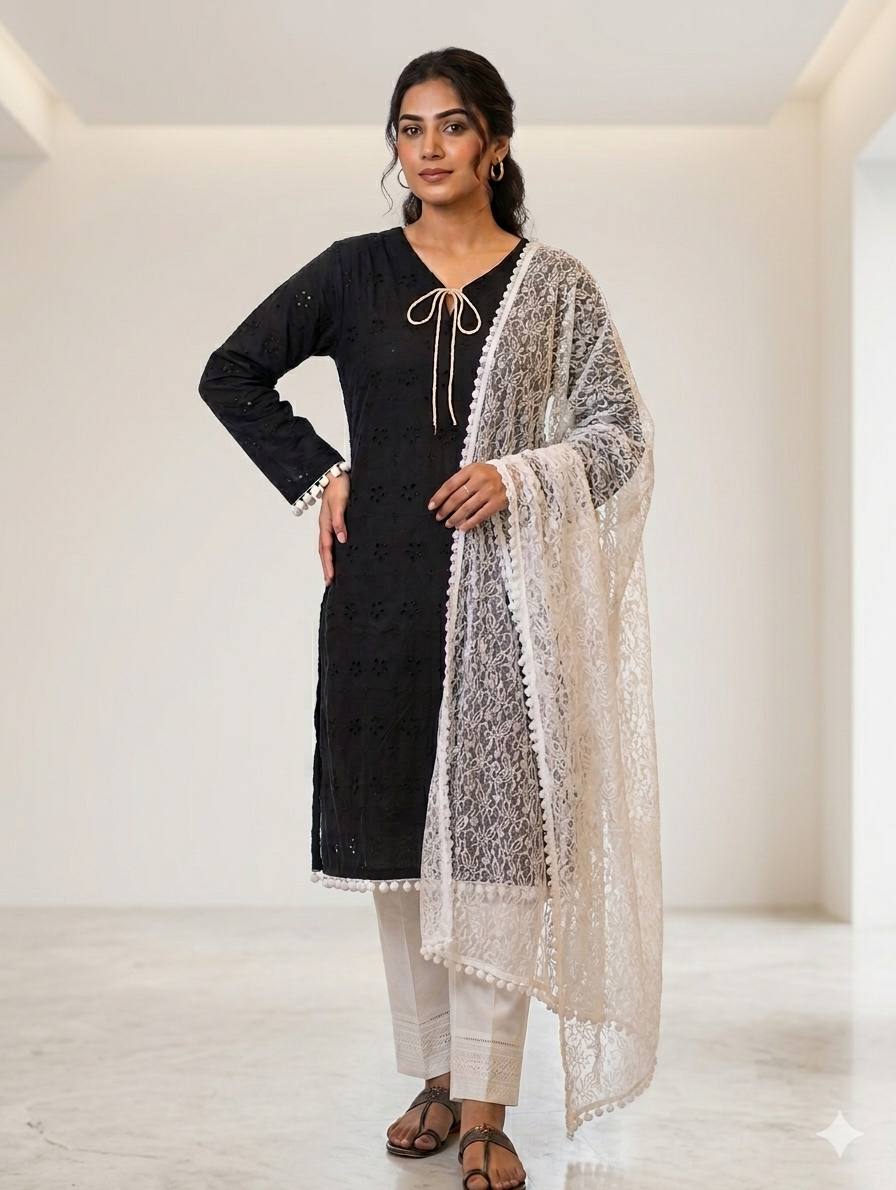 Sw003- 3pc Chickenkari Long Shirt With Chicken Trouser And Net Dupatta